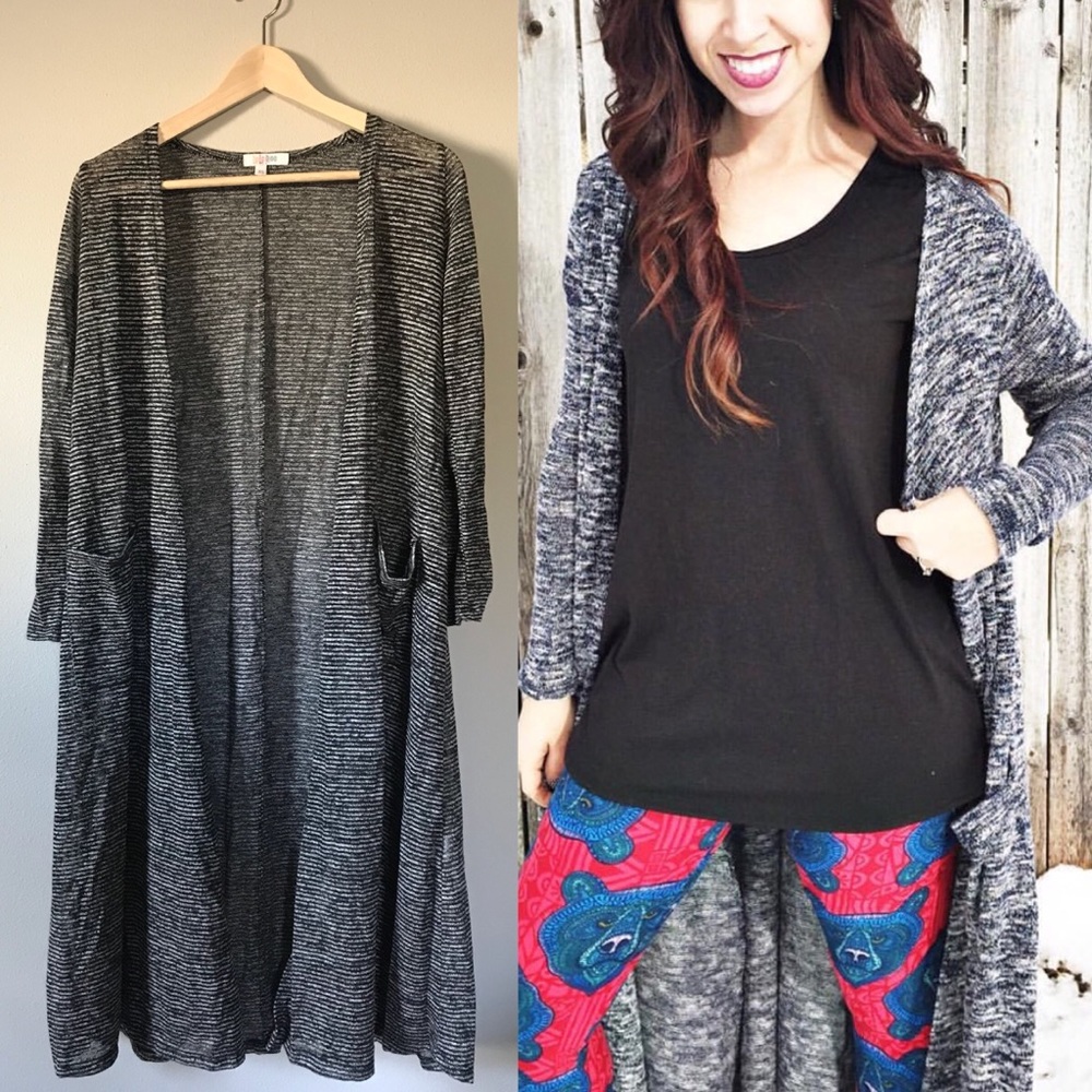 Lularoe Sarah Duster Cardigan Black Gray Stripes